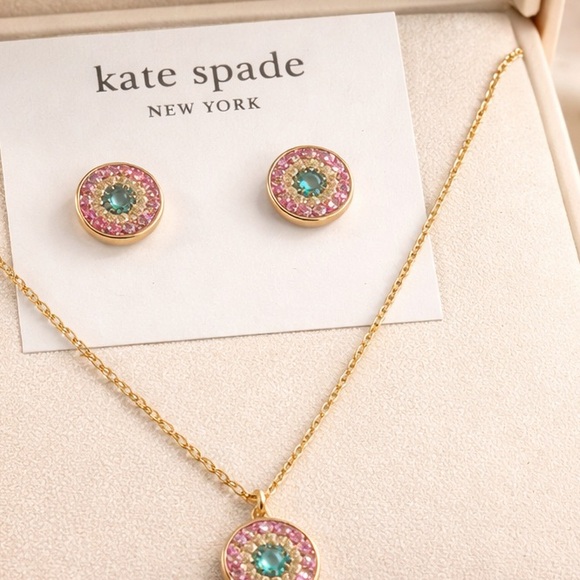 kate spade Jewelry - Kate Spade Gold and Pink Earrings and 18 in Necklace with Green Accent